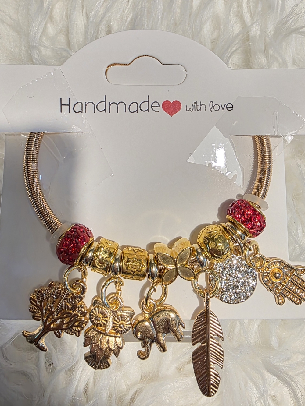 Handmade Gold Charm Bracelet with Red Accents